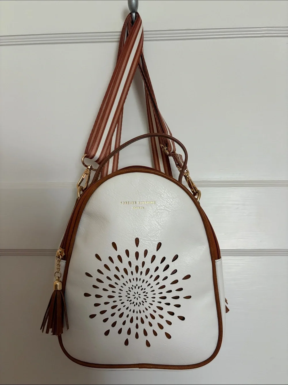 Aphison White & Brown Floral Laser-Cut Mini Backpack.